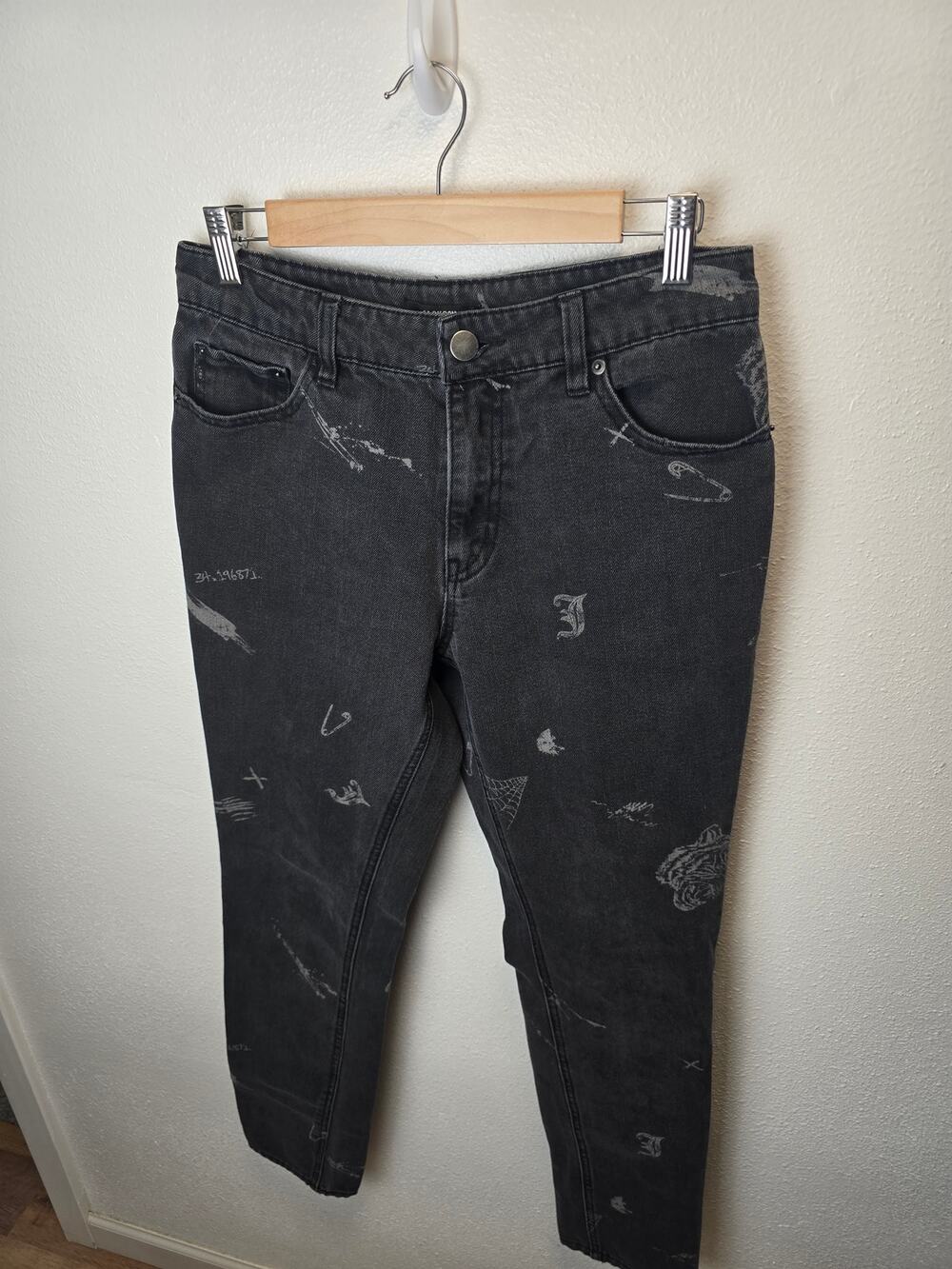 JACKSON Mens 30x29 Black Tattoo Graphic Jeans Spiderweb Y2K Grunge Streetwear
